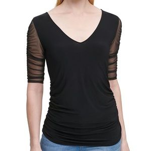 DKNY V-neck Sheer Sleeves Ruched Blouse, Size S, EUC